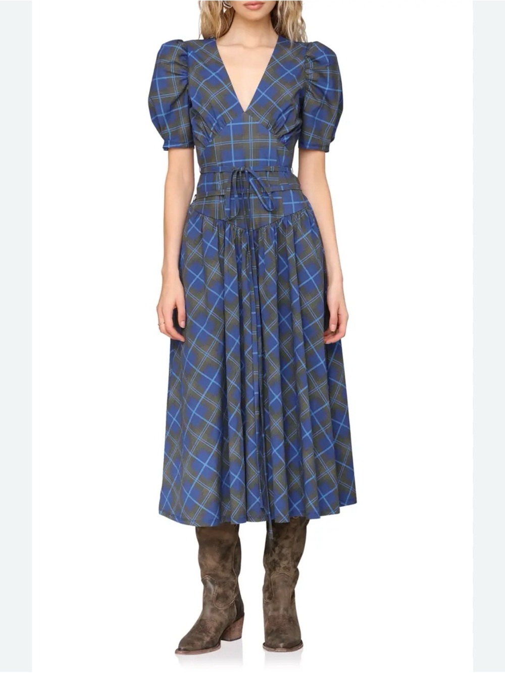 Avec Les Filles Plaid Puff Sleeve Stretch Cotton Midi V-neck Dress w/ Pockets 10